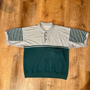 Greenline Sport Polo Shirt sz M/L short Sleeve 80s 90s Green Striped Snap Button